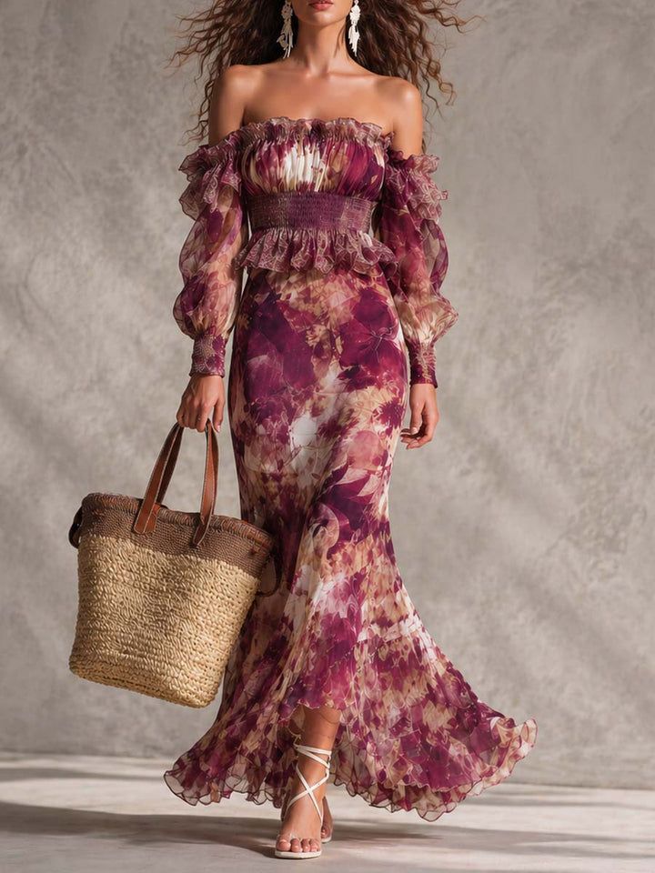 Speranza | Abito Maxi Rosa Floreale a Spalle Scoperte in Chiffon