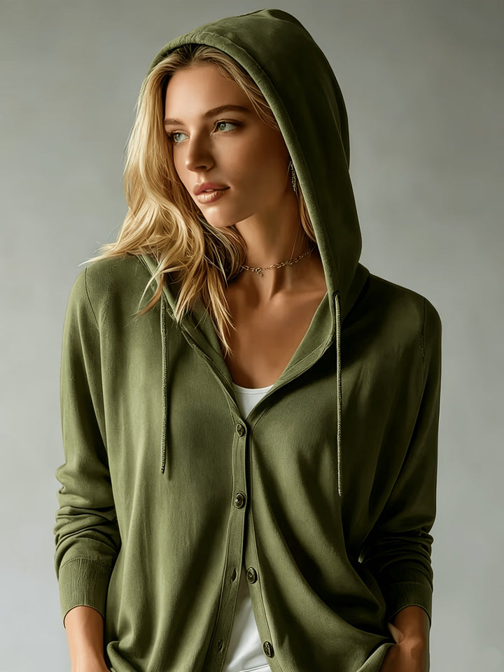 Alessia | Cardigan Verde Militare con Cappuccio e Chiusura a Bottoni