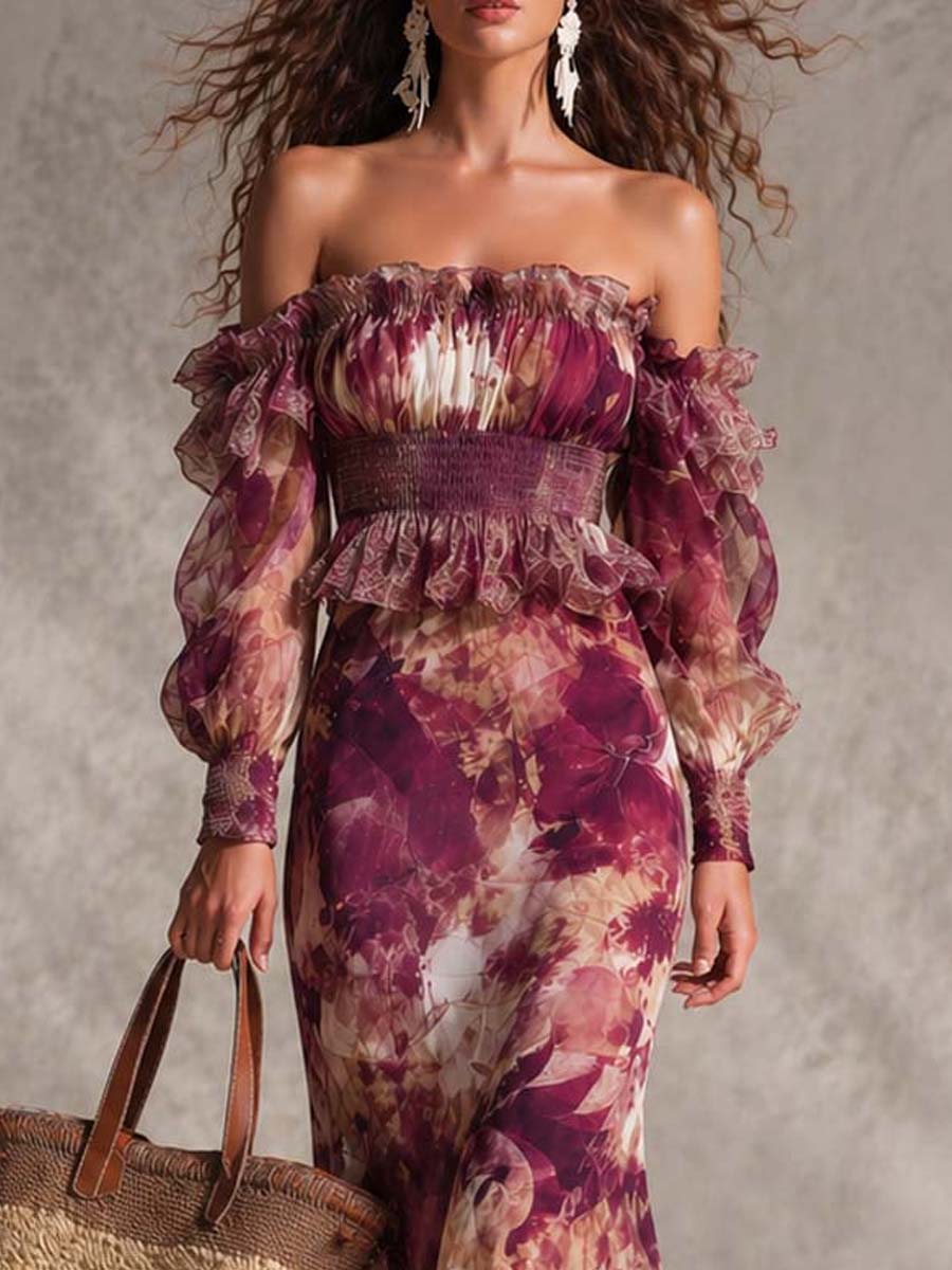 Speranza | Abito Maxi Rosa Floreale a Spalle Scoperte in Chiffon