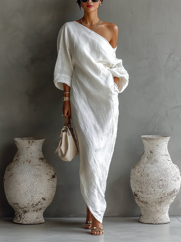 Ilaria | Abito Maxi Monospalla con Stampa Astratta