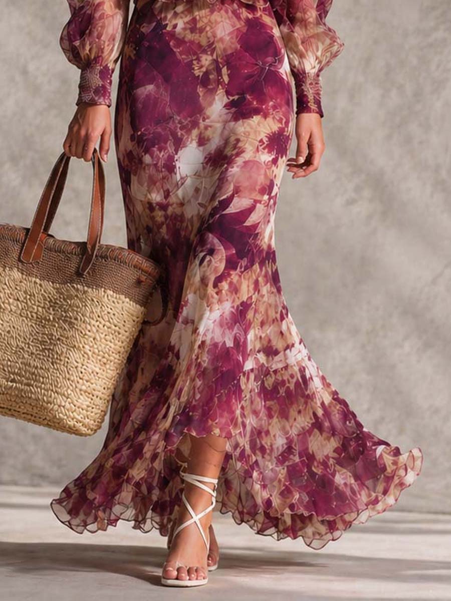 Speranza | Abito Maxi Rosa Floreale a Spalle Scoperte in Chiffon