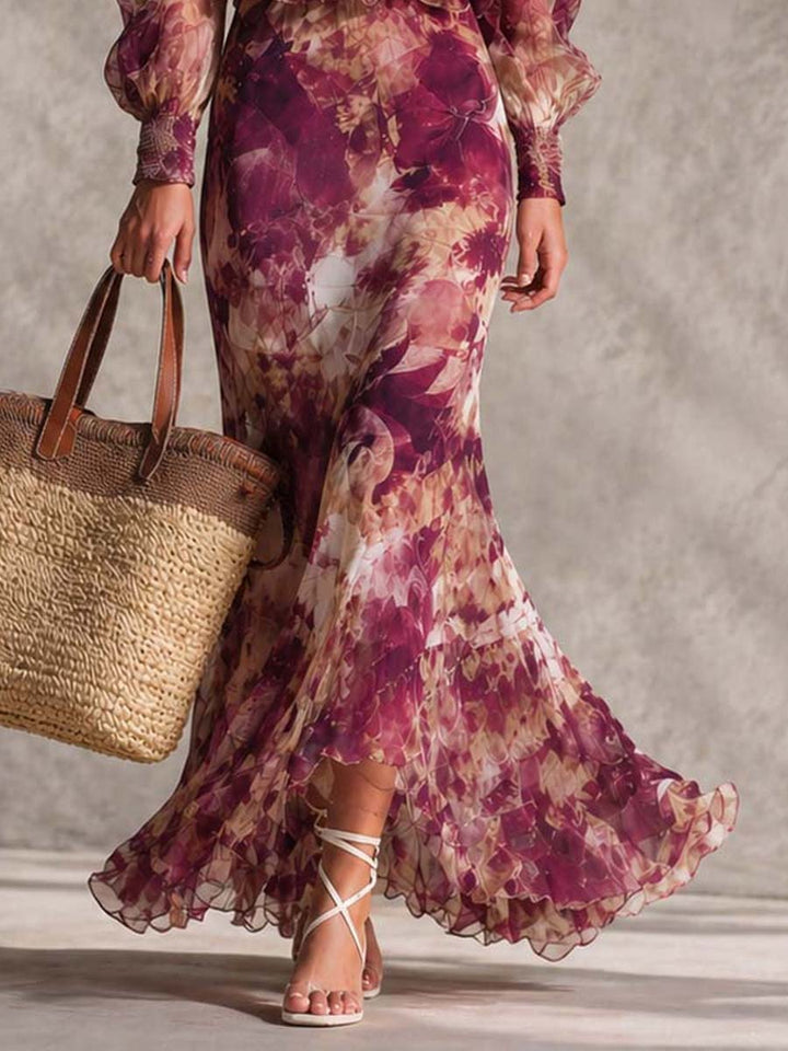 Speranza | Abito Maxi Rosa Floreale a Spalle Scoperte in Chiffon