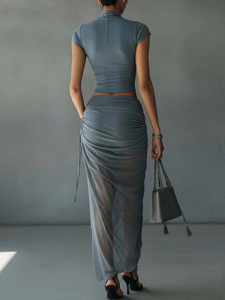 Ida | Completo Blu con T-Shirt Corta e Gonna Drappeggiata in Rete Trasparente