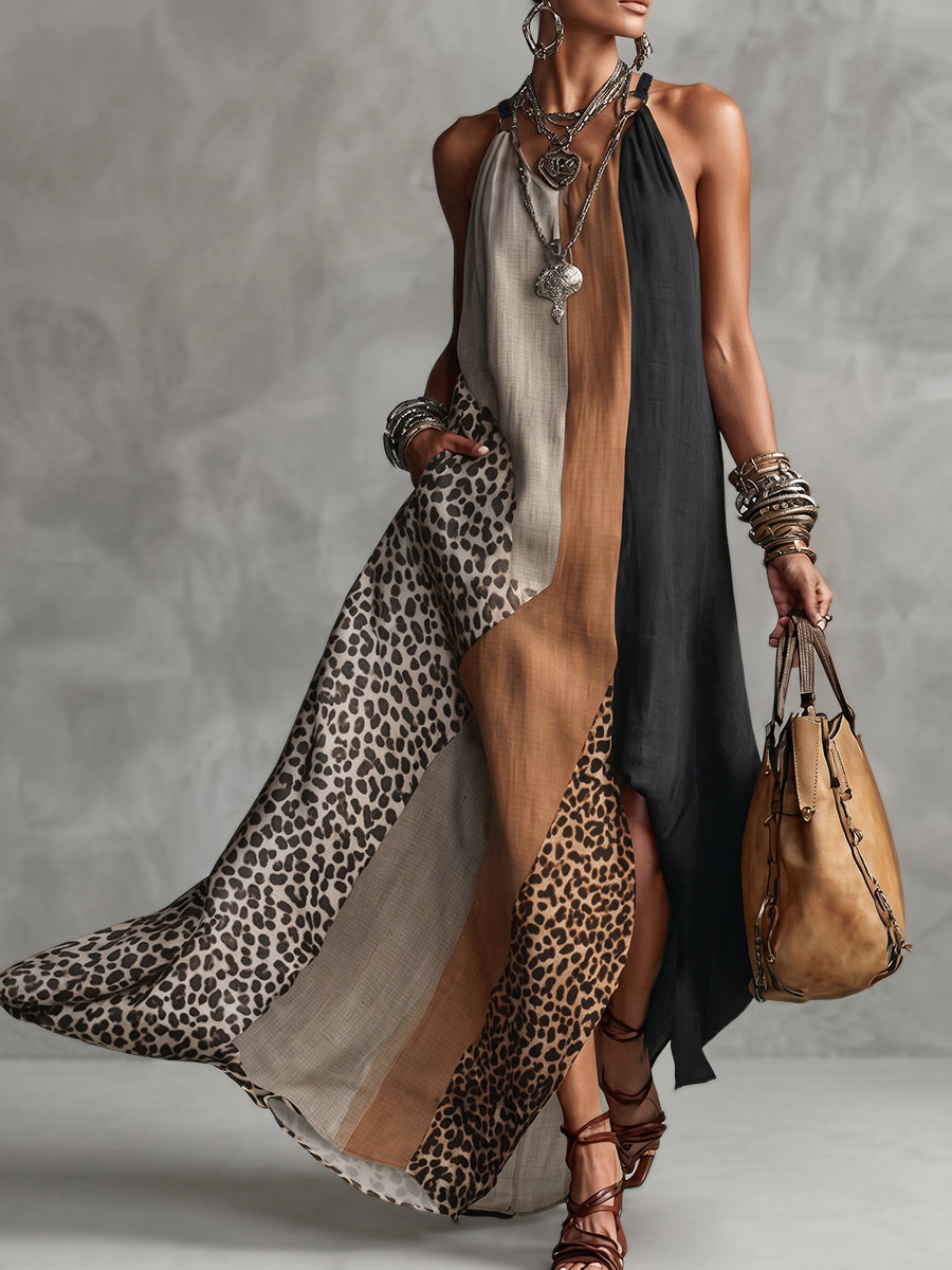 Sveva | Abito lungo animalier con collo americano