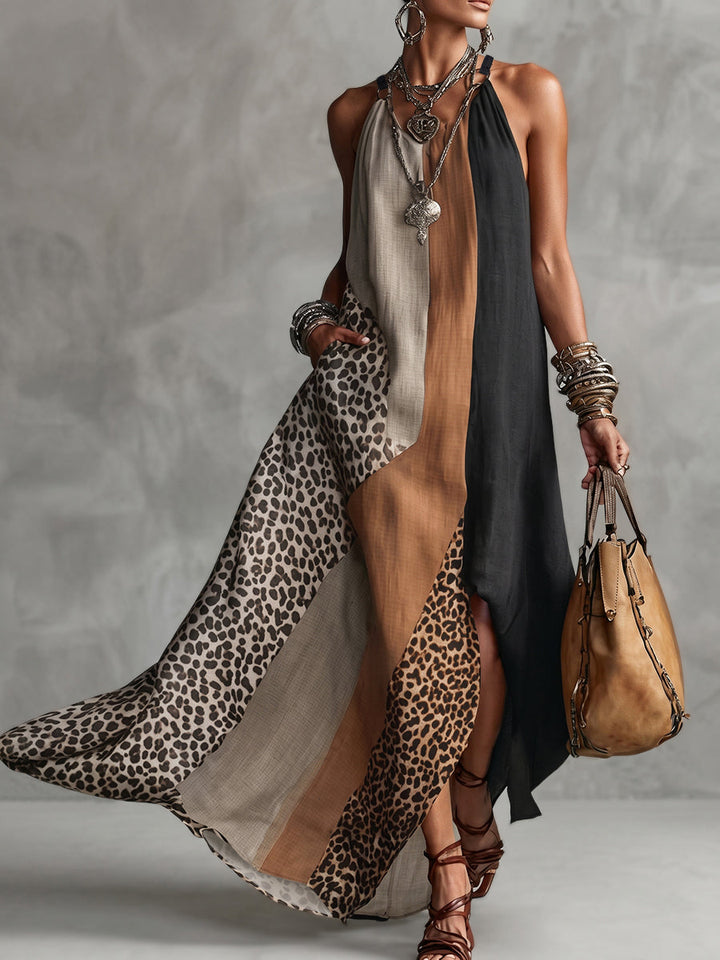 Sveva | Abito lungo animalier con collo americano