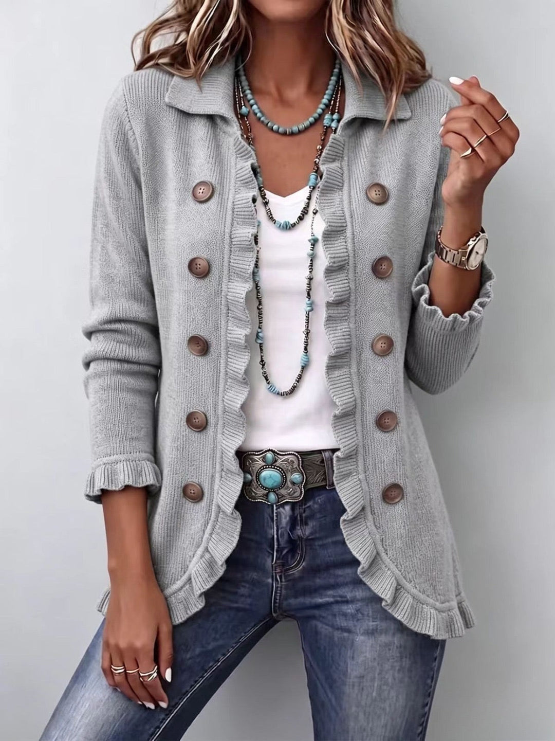 Eloisa | Giacca di Maglia Grigio Melange con Volant