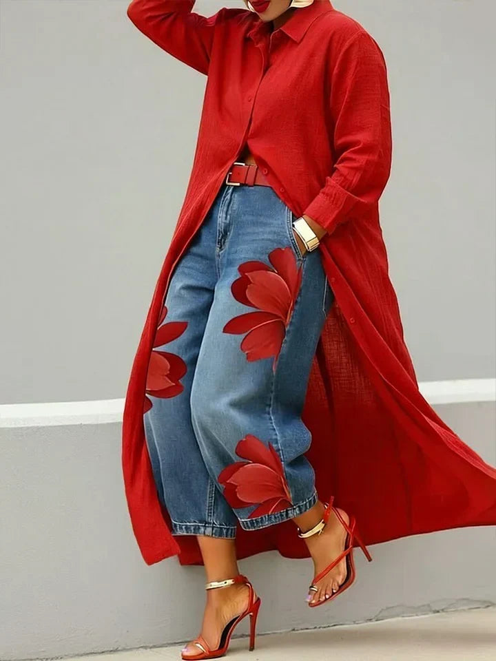 Vittorina | Completo con camicia e jeans a fiori