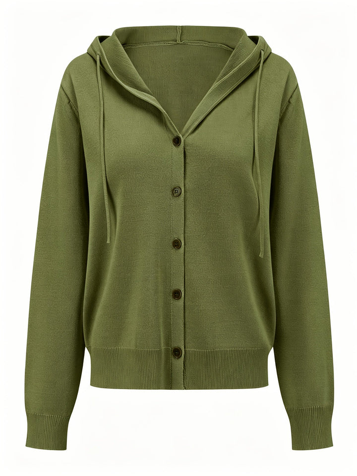 Alessia | Cardigan Verde Militare con Cappuccio e Chiusura a Bottoni