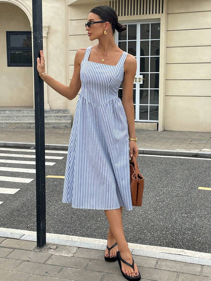 Gioia | Abito Maxi a Righe in Cotone con Scollatura Quadrata