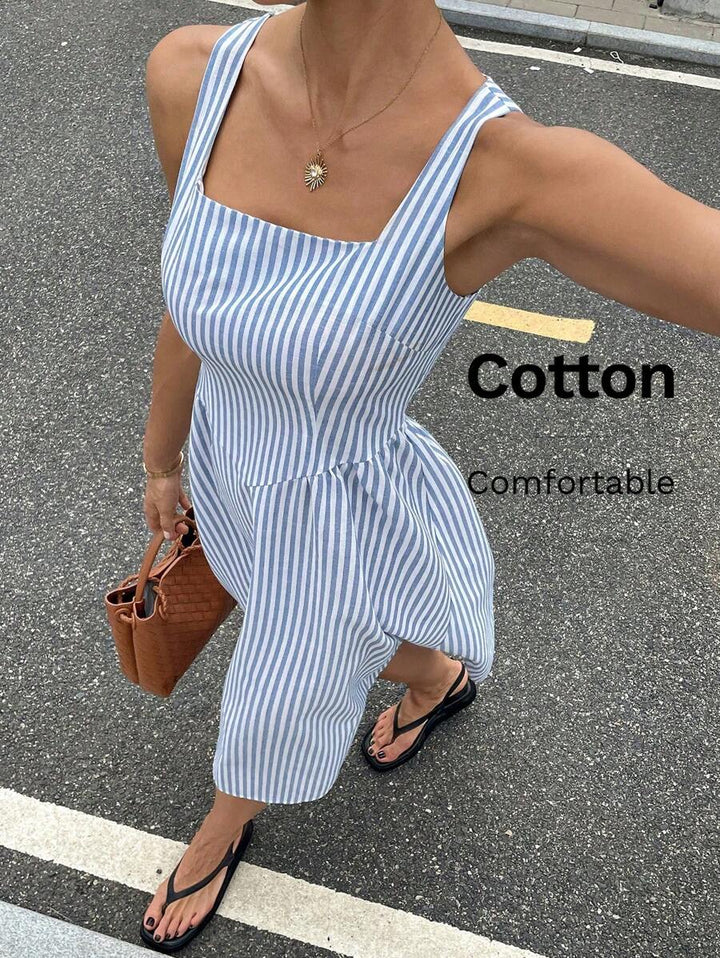 Gioia | Abito Maxi a Righe in Cotone con Scollatura Quadrata