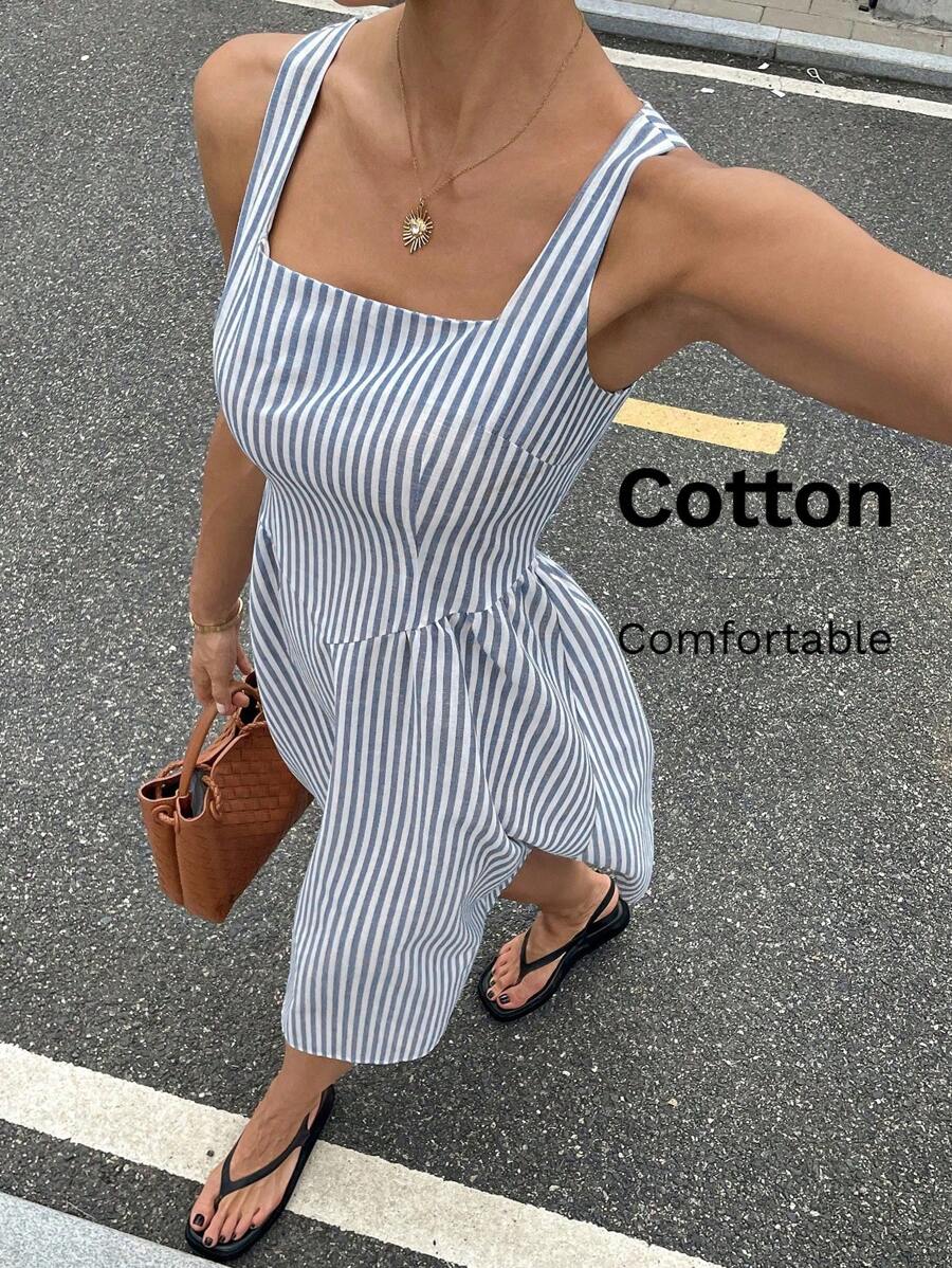 Gioia | Abito Maxi a Righe in Cotone con Scollatura Quadrata