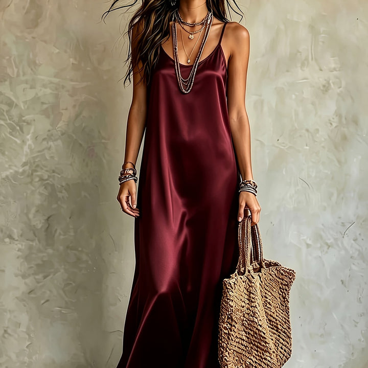 Beatrice | Abito in Raso con Scollo a V e Spalline Sottili
