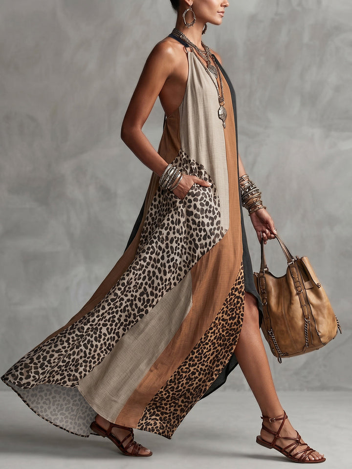 Sveva | Abito lungo animalier con collo americano