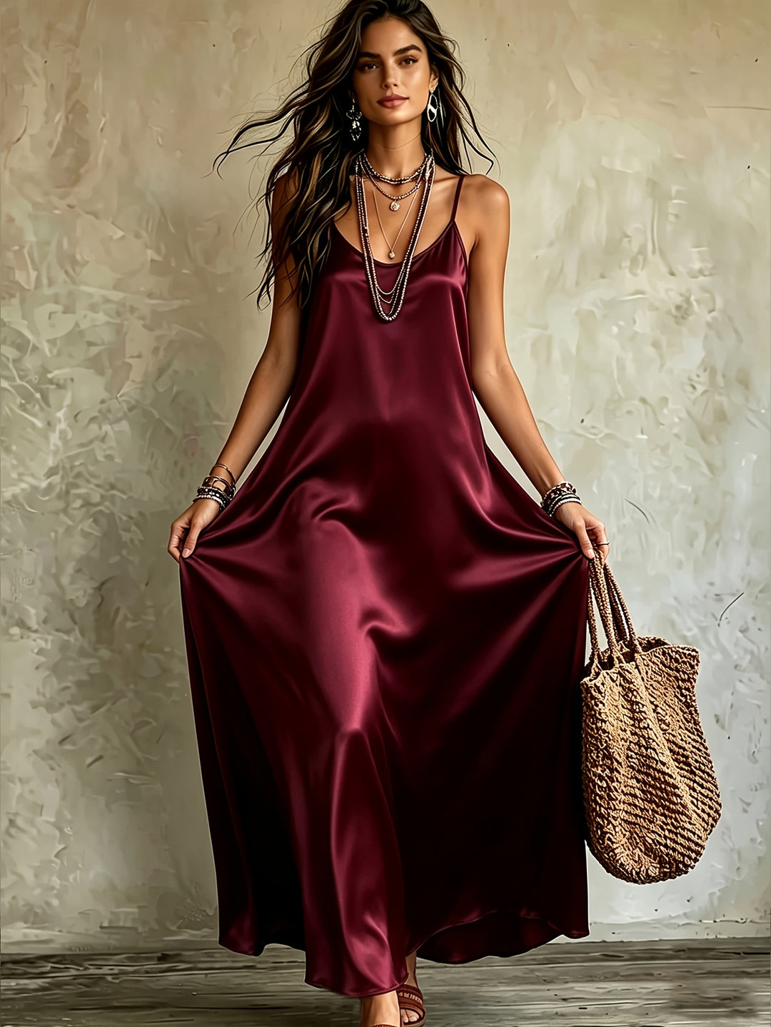 Beatrice | Abito in Raso con Scollo a V e Spalline Sottili