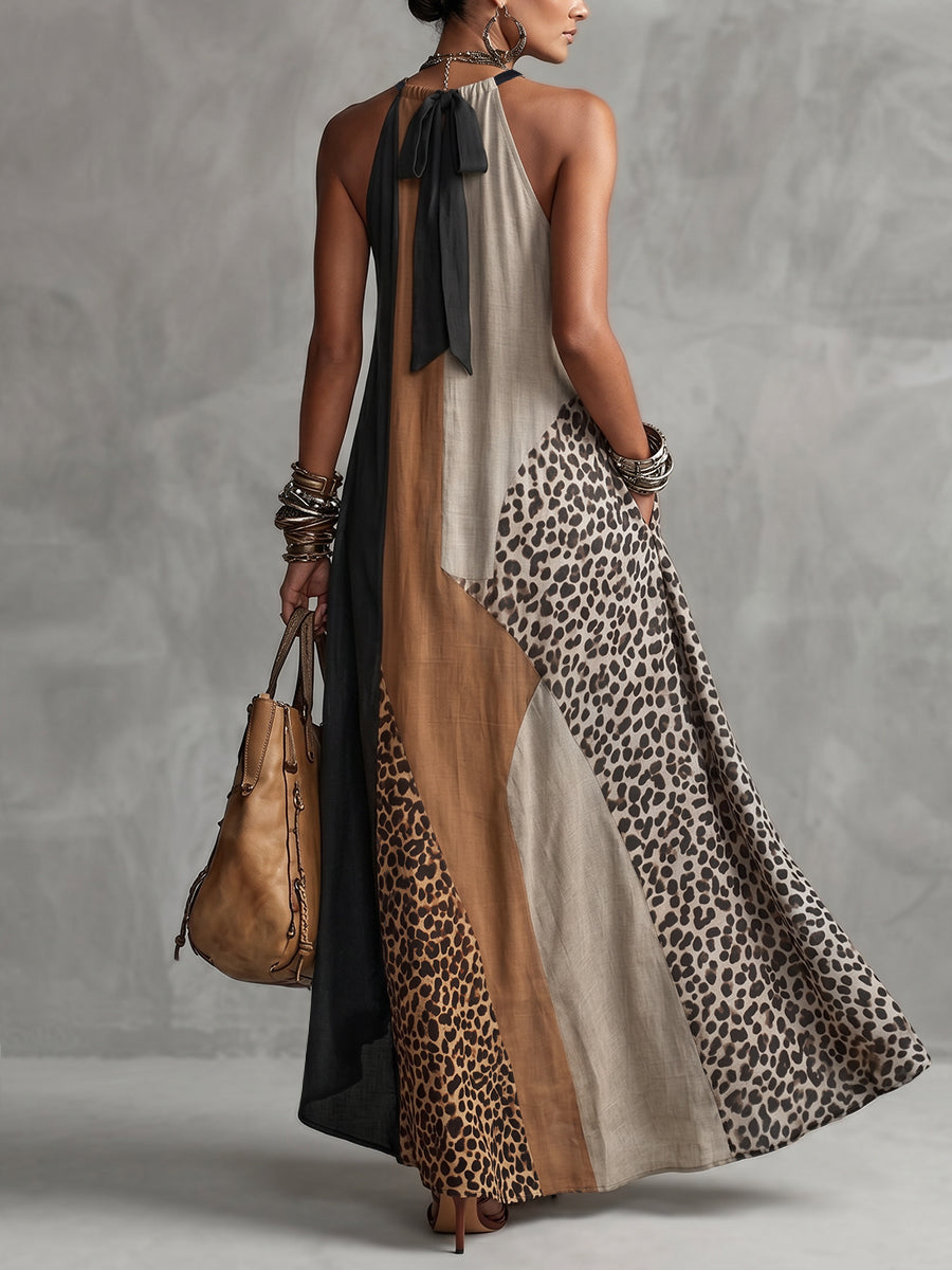 Sveva | Abito lungo animalier con collo americano