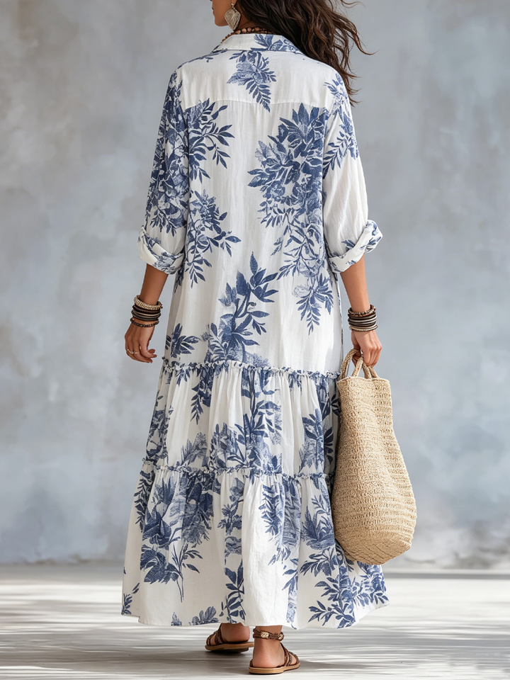 Fiamma | Abito Maxi Floreale Blu con Bottoni