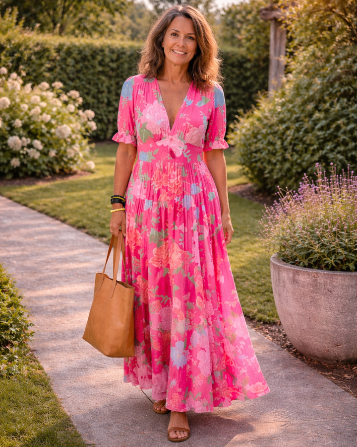 Ione | Abito midi floreale senza maniche con scollo a V