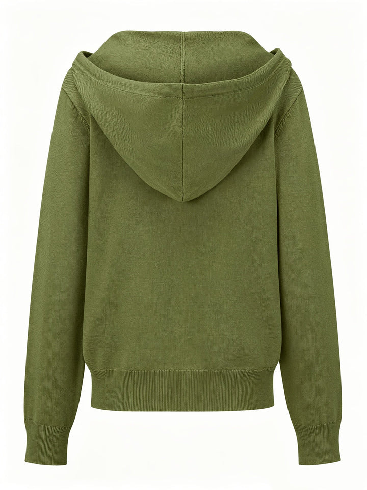 Alessia | Cardigan Verde Militare con Cappuccio e Chiusura a Bottoni