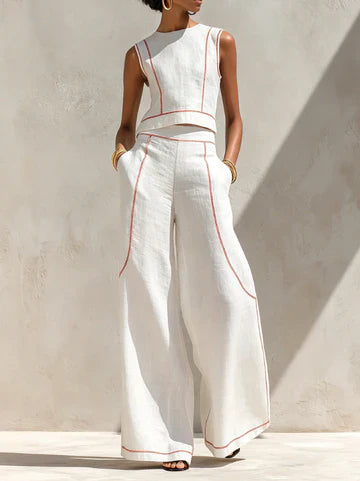 Vittoria | Completo Bianco con Top Senza Maniche e Pantaloni a Gamba Larga