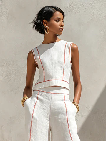 Vittoria | Completo Bianco con Top Senza Maniche e Pantaloni a Gamba Larga
