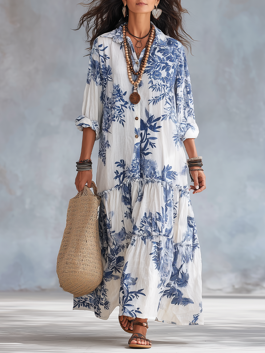 Fiamma | Abito Maxi Floreale Blu con Bottoni