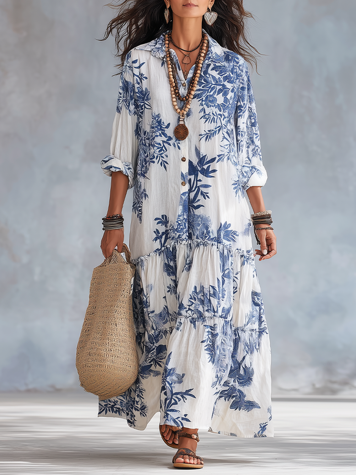 Fiamma | Abito Maxi Floreale Blu con Bottoni