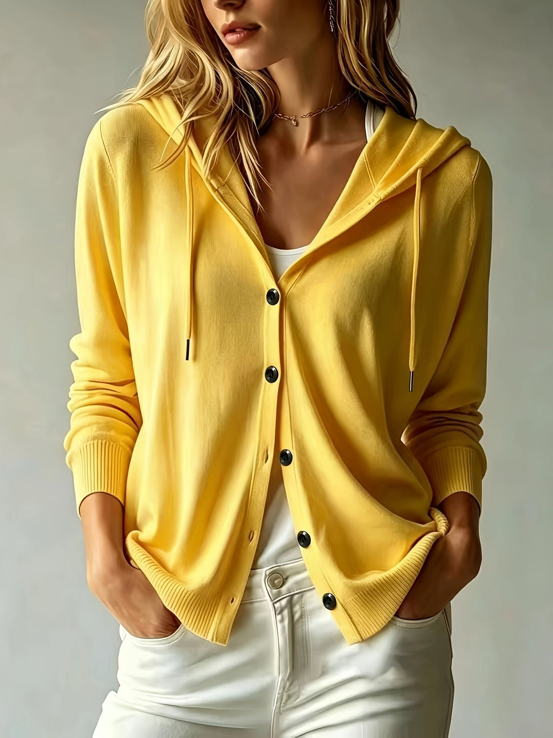 Simona | Cardigan Senape con Cappuccio e Chiusura a Bottoni