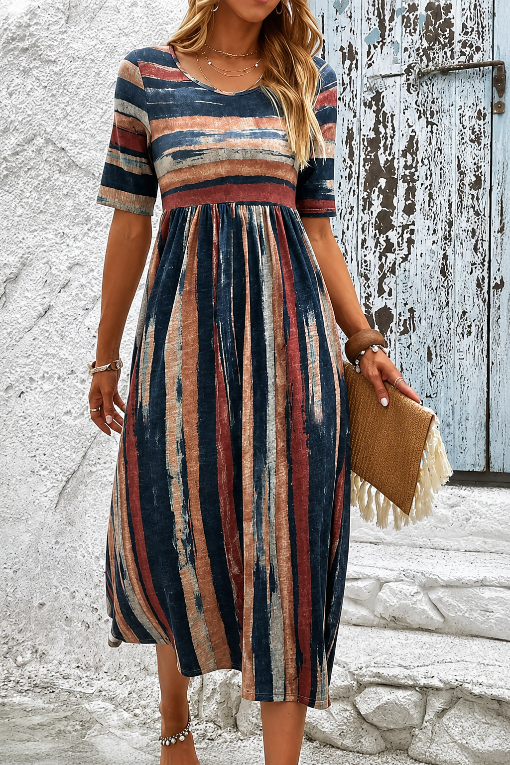 Rosalba | Abito Midi a Righe con Effetto Snellente