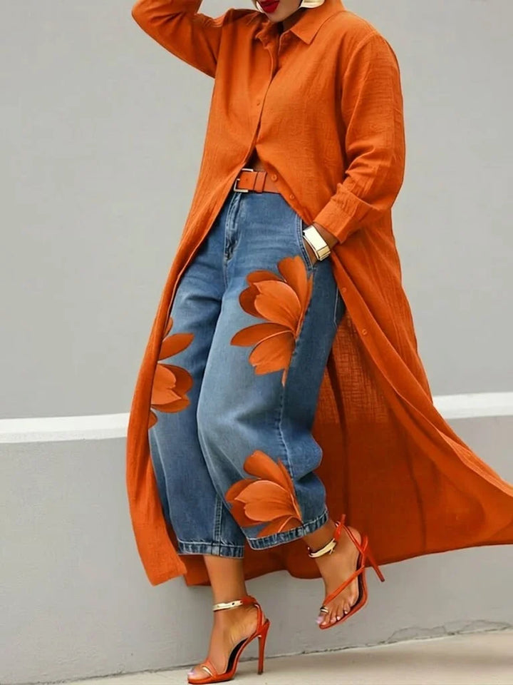 Vittorina | Completo con camicia e jeans a fiori
