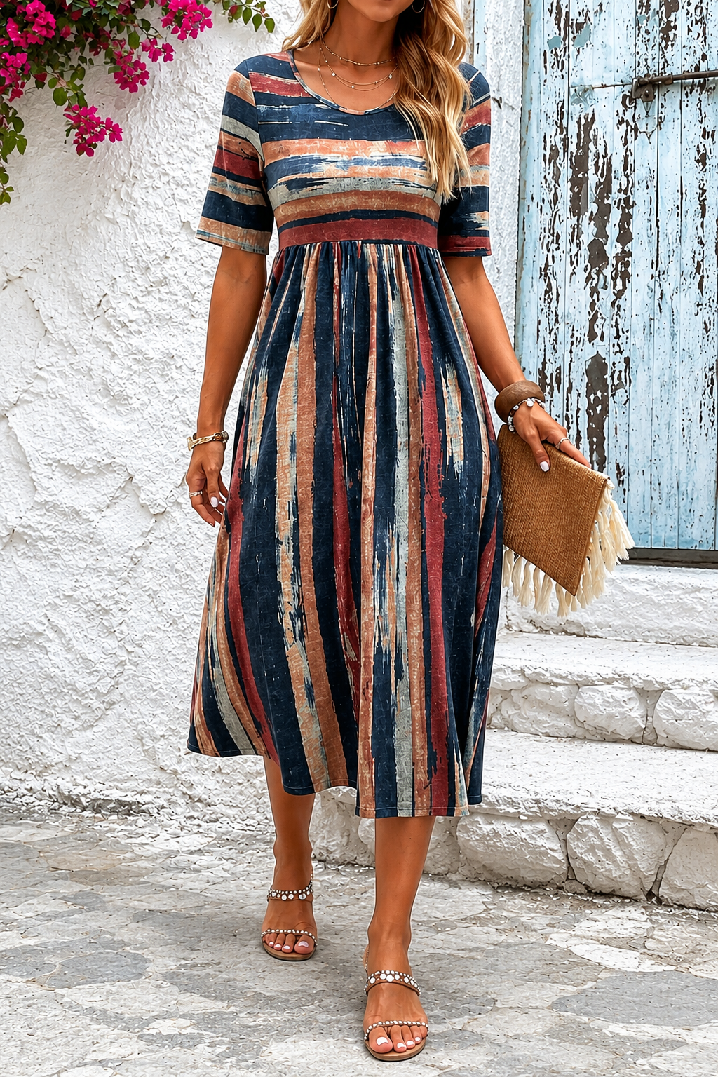 Rosalba | Abito Midi a Righe con Effetto Snellente