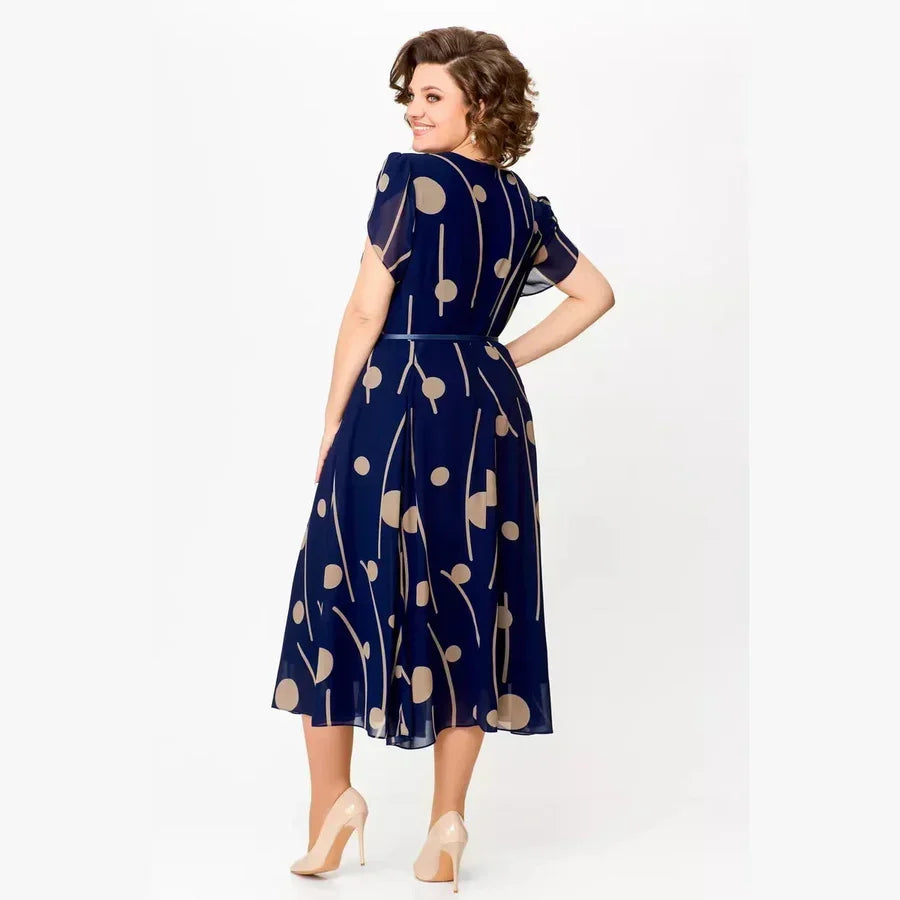 Ilenia | Abito Midi in Chiffon a Pois Blu Navy