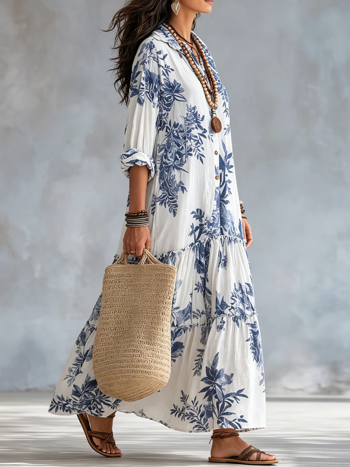 Fiamma | Abito Maxi Floreale Blu con Bottoni