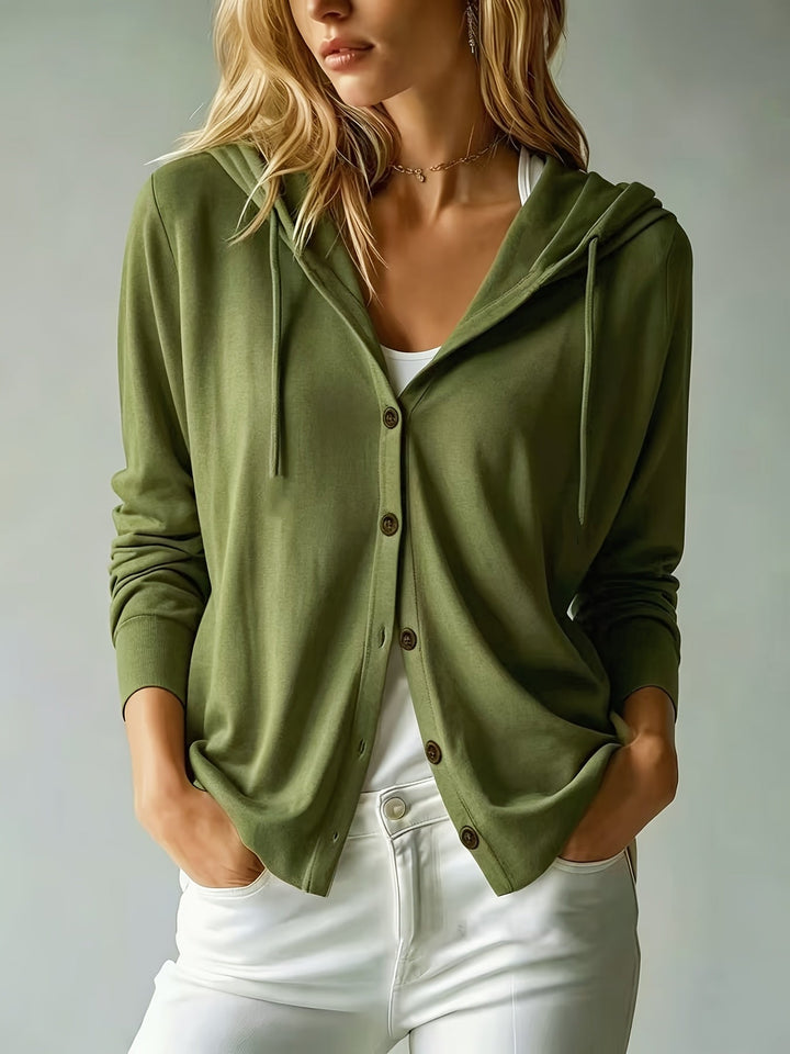 Alessia | Cardigan Verde Militare con Cappuccio e Chiusura a Bottoni