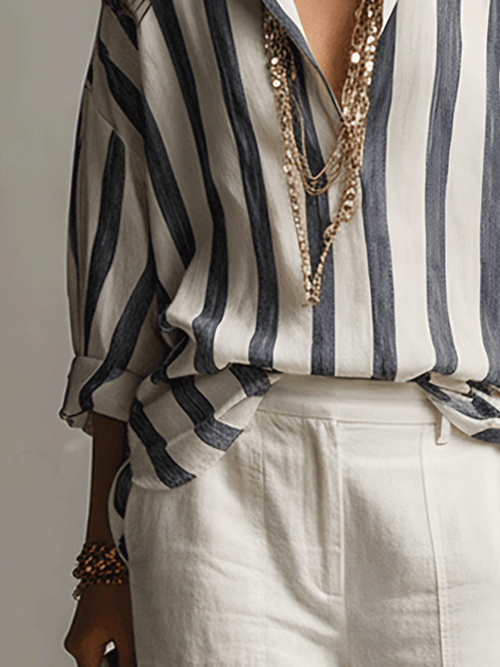 Daniela | Camicia Casual a Righe in Cotone e Lino a Maniche Lunghe