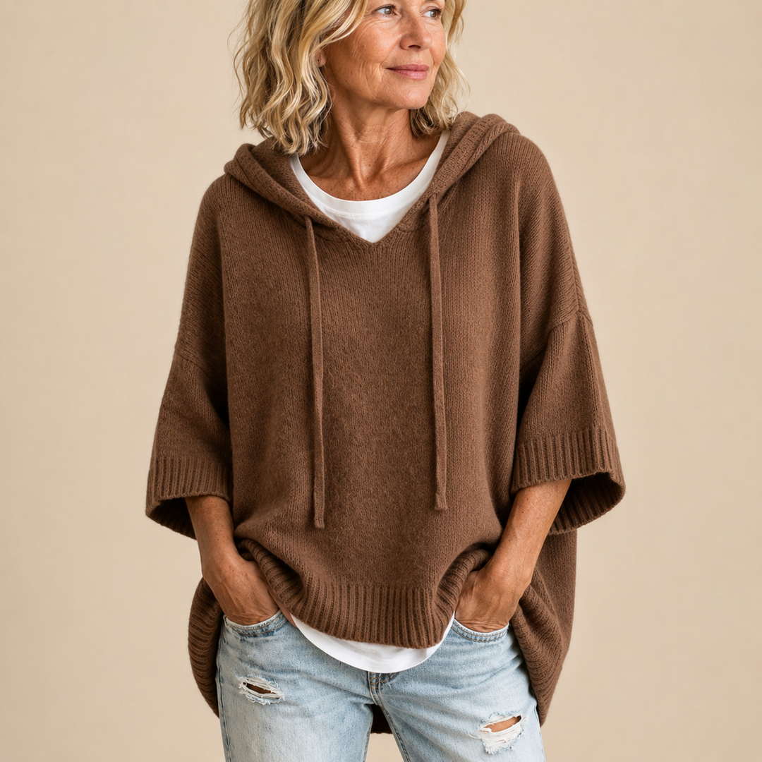 Poncho in Maglia con Cappuccio Marrone