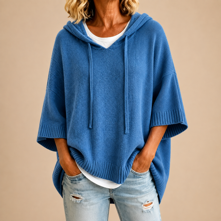 Poncho in Maglia con Cappuccio Blu