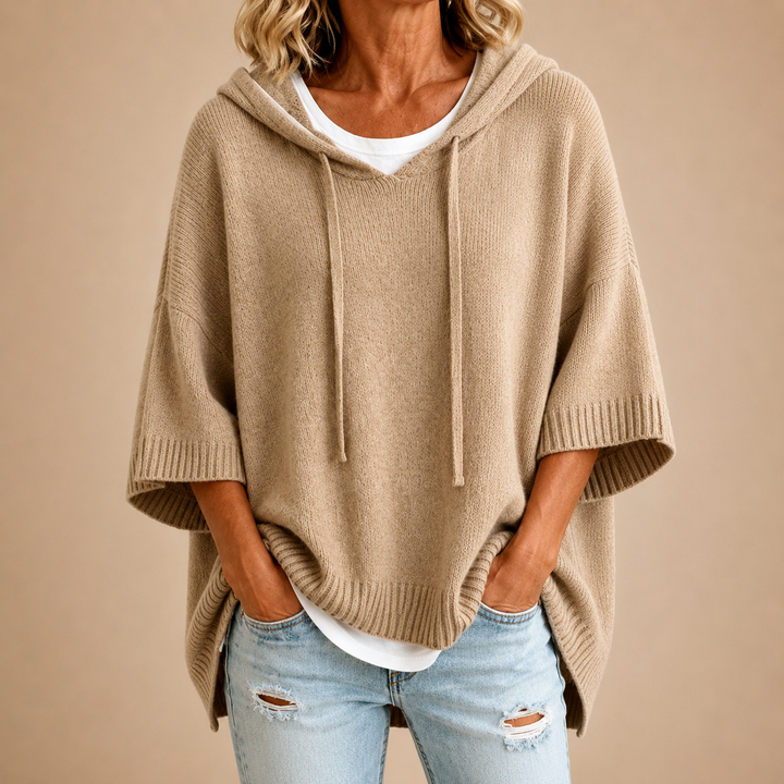 Poncho in Maglia con Cappuccio Kaki