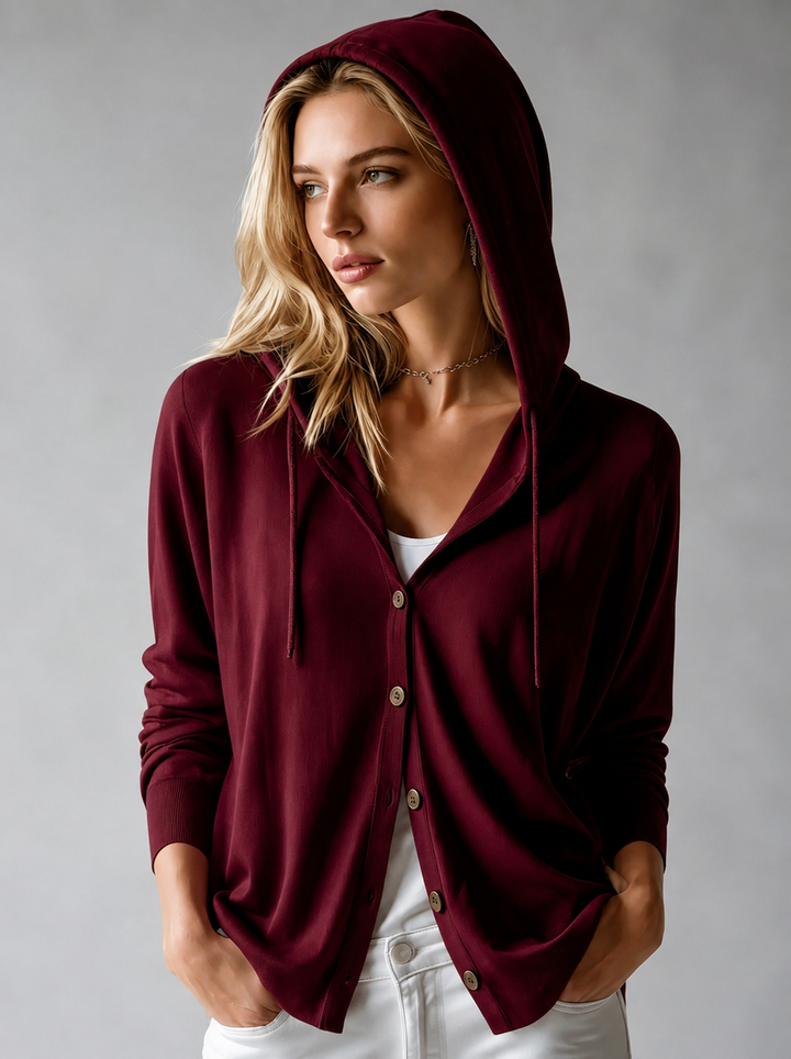 Teresa | Cardigan Rosso con Cappuccio e Bottoni