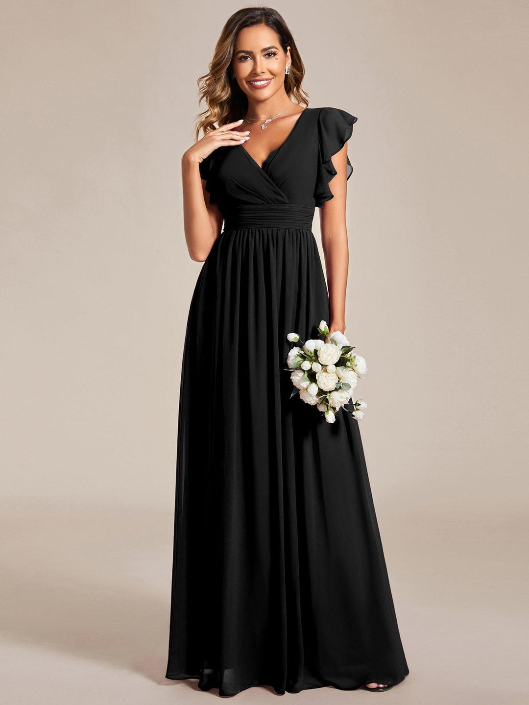 Liliana | Abito da damigella in chiffon con maniche plissettate e scollatura sul retro