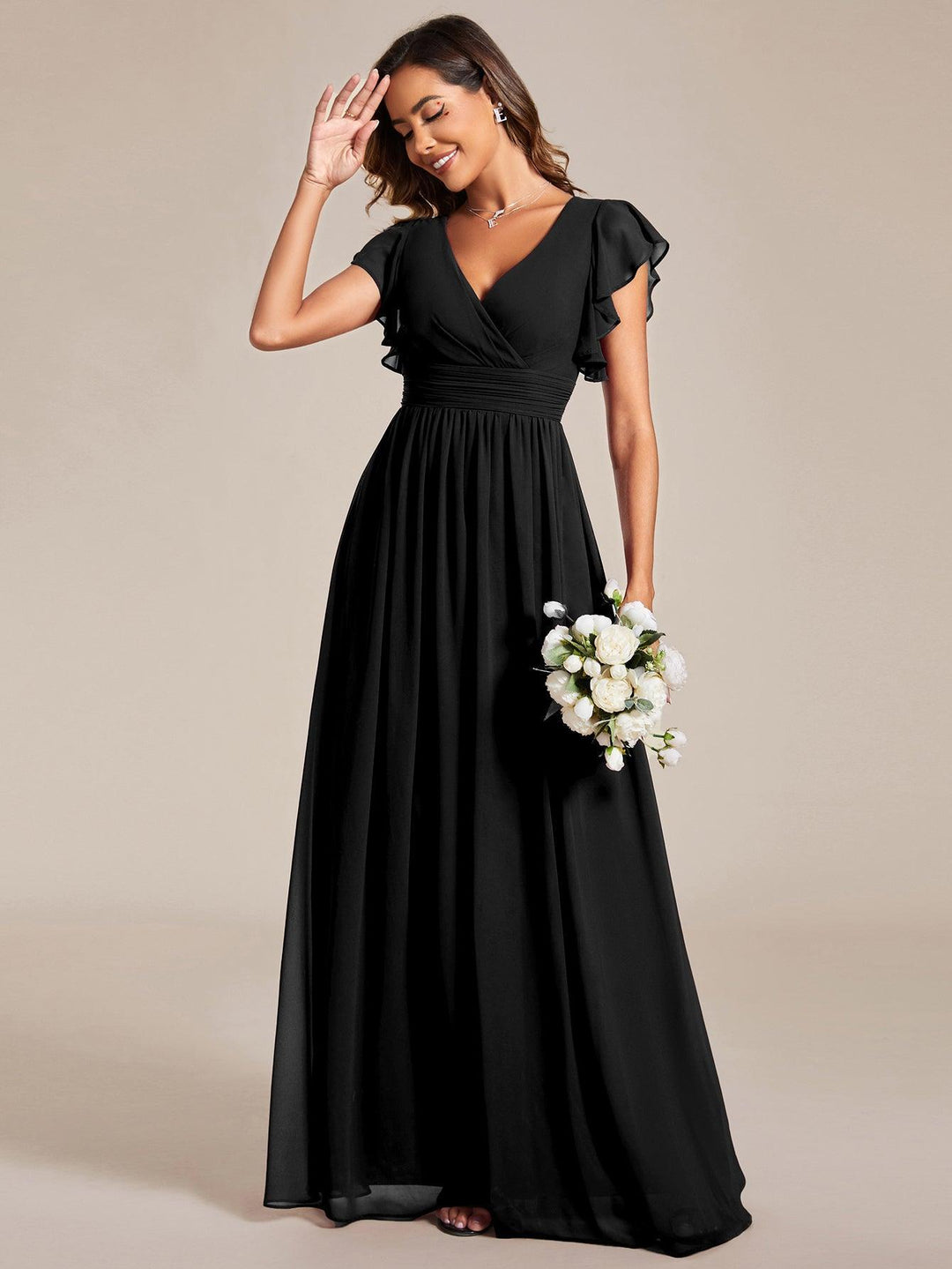 Liliana | Abito da damigella in chiffon con maniche plissettate e scollatura sul retro