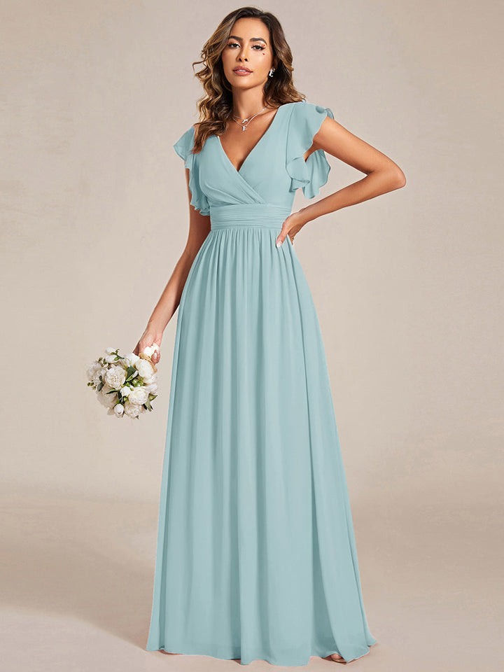 Liliana | Abito da damigella in chiffon con maniche plissettate e scollatura sul retro