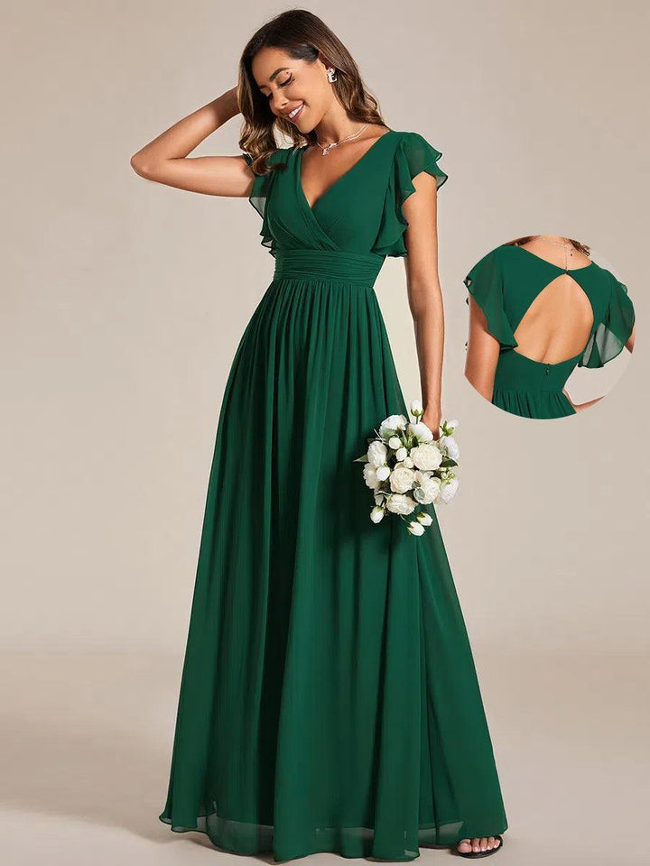 Liliana | Abito da damigella in chiffon con maniche plissettate e scollatura sul retro
