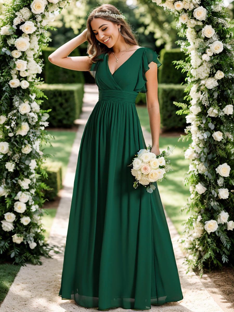 Liliana | Abito da damigella in chiffon con maniche plissettate e scollatura sul retro