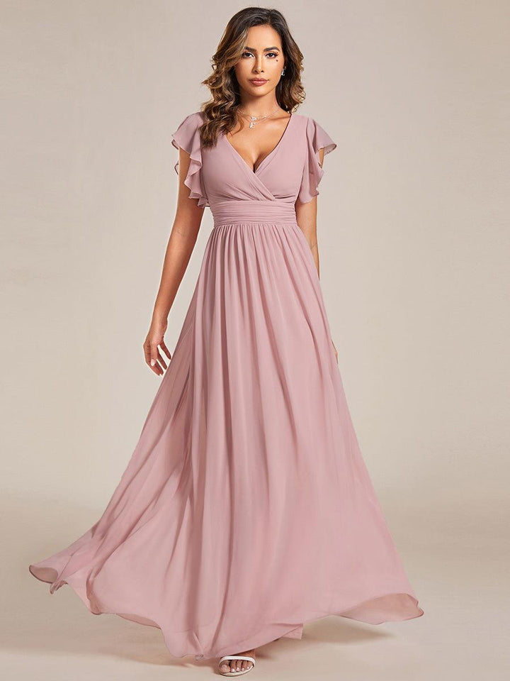 Liliana | Abito da damigella in chiffon con maniche plissettate e scollatura sul retro