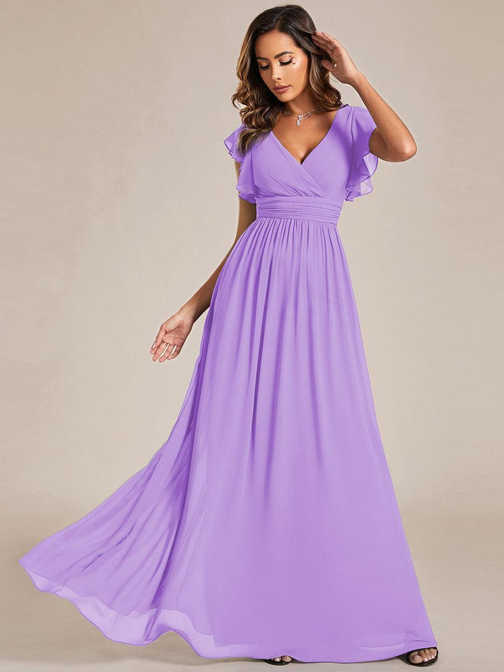 Liliana | Abito da damigella in chiffon con maniche plissettate e scollatura sul retro