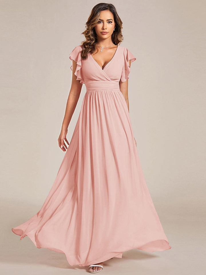 Liliana | Abito da damigella in chiffon con maniche plissettate e scollatura sul retro