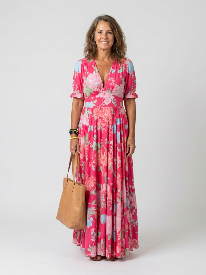 Ione | Abito midi floreale senza maniche con scollo a V