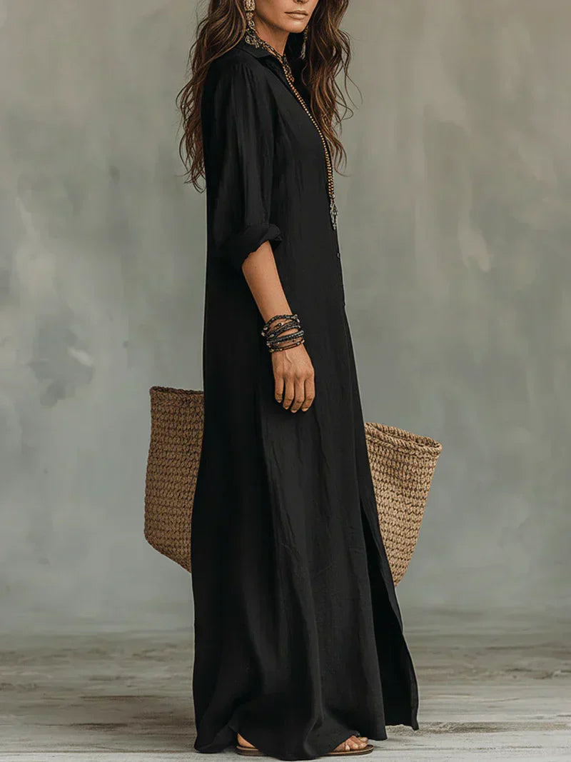 Céline™ | Abito Maxi Nero Ampio con Bottoni