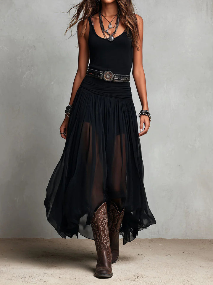 Zaira | Abito Maxi Nero con Top a Bralette Senza Maniche e Gonna in Tulle (con Cintura)