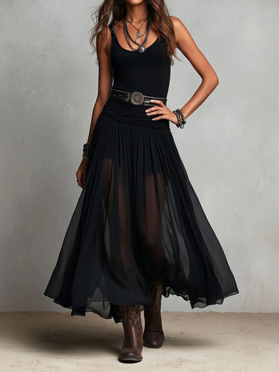 Zaira | Abito Maxi Nero con Top a Bralette Senza Maniche e Gonna in Tulle (con Cintura)